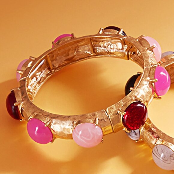 Byzantine Inspired Stone Gold Dipped Stretch Cuff Bangle Bracelets SET of 2 - Picture 11 of 11